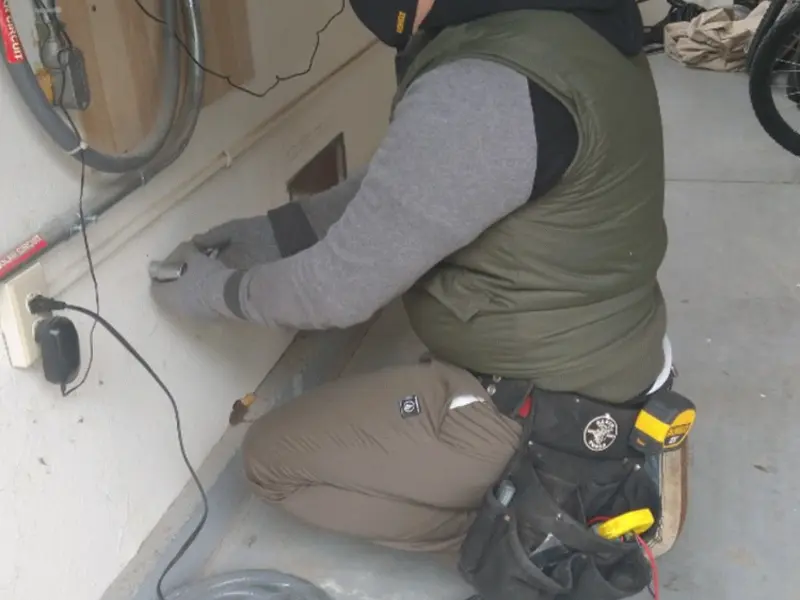 Electrician performing outlet wiring in a Southfield garage